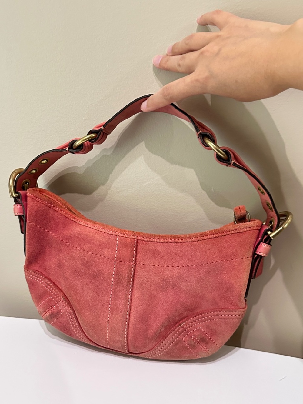 Rare Vintage 2000s Coach Pink Coral Soho Suede Hobo Bag & Cherry Keychain Charm